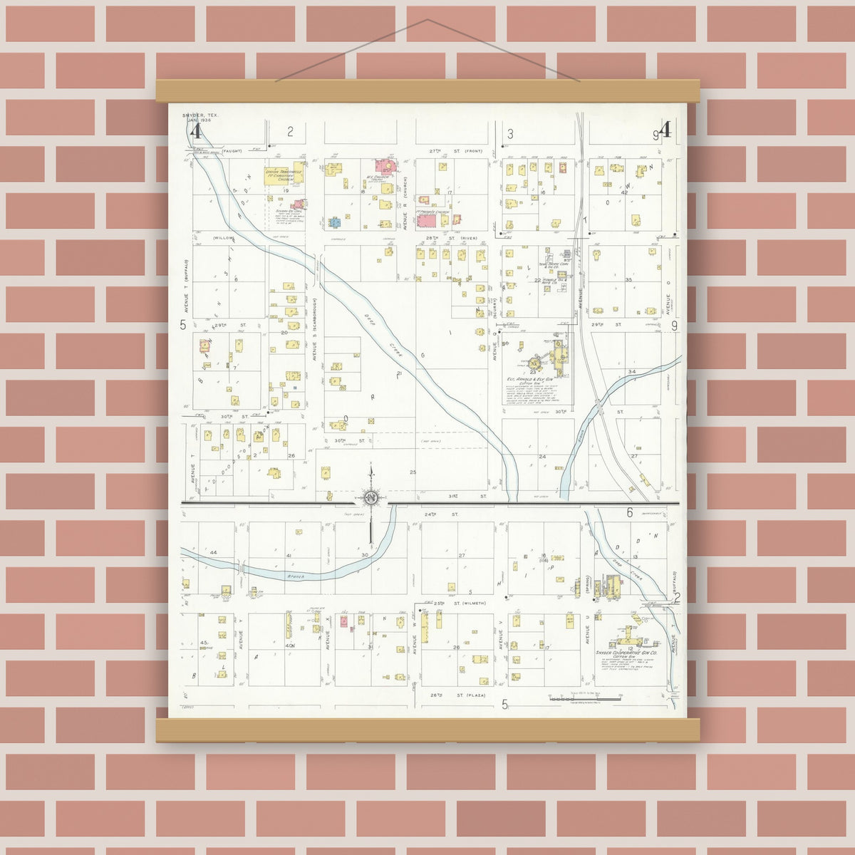 Old map wall art mockup — magnetic wood frame on brick wall — Sanborn Fire Insurance Map from Snyder, Scurry County, Texas (1936), Sheet #0004