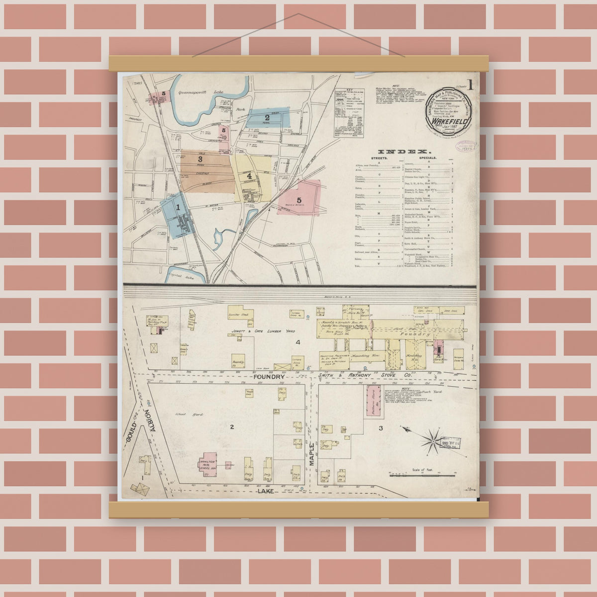 Old map wall art mockup — magnetic wood frame on brick wall — Sanborn Fire Insurance Map from Wakefield, Middlesex County, Massachusetts (1887), Sheet #0001
