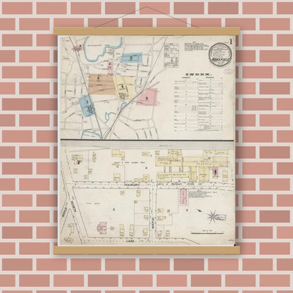 Old map wall art mockup — magnetic wood frame on brick wall — Sanborn Fire Insurance Map from Wakefield, Middlesex County, Massachusetts (1887), Sheet #0001