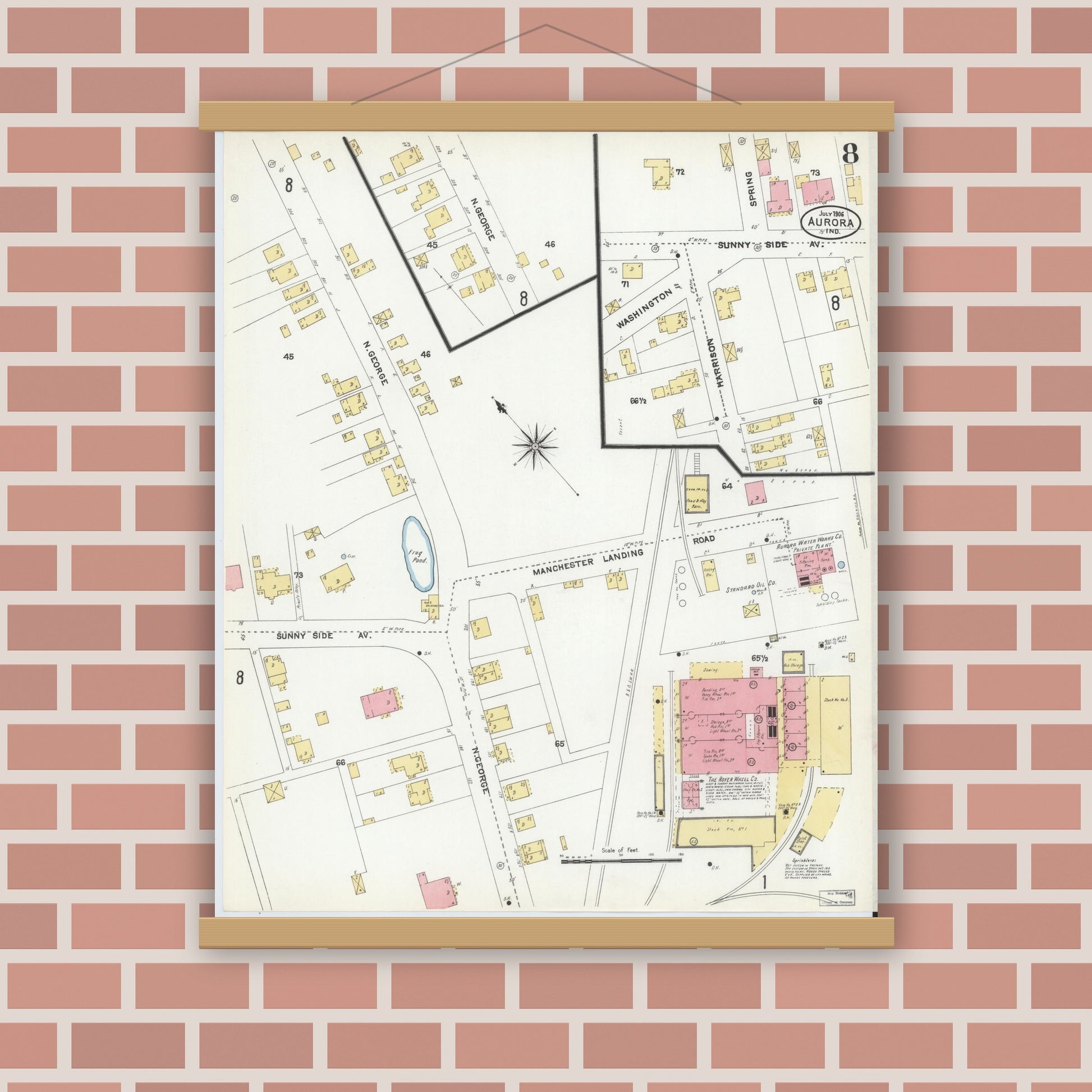 Old map wall art mockup — magnetic wood frame on brick wall — Sanborn Fire Insurance Map from Aurora, Dearborn County, Indiana (1906), Sheet #0008