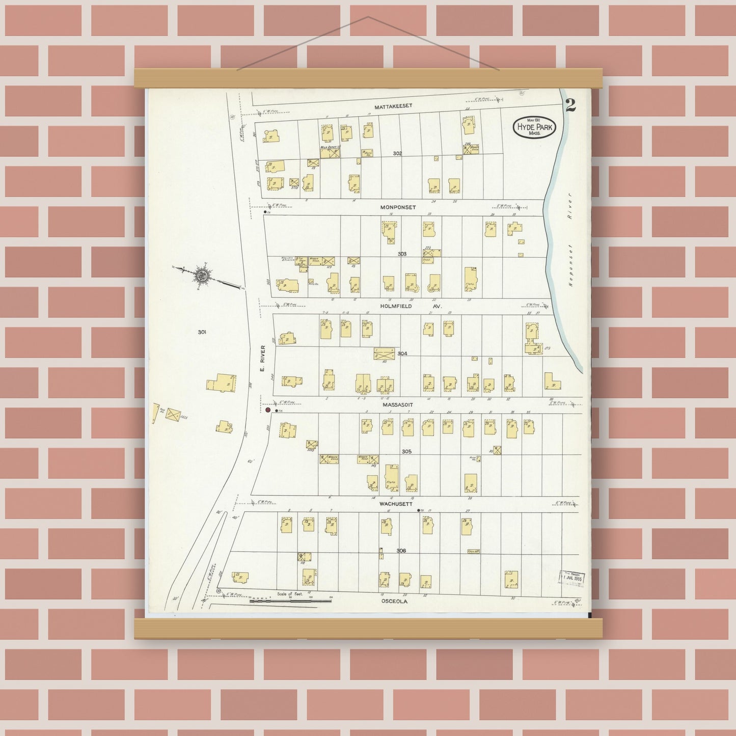 Old map wall art mockup — magnetic wood frame on brick wall — Sanborn Fire Insurance Map from Hyde Park, Norfolk County, Massachusetts (1911), Sheet #0002