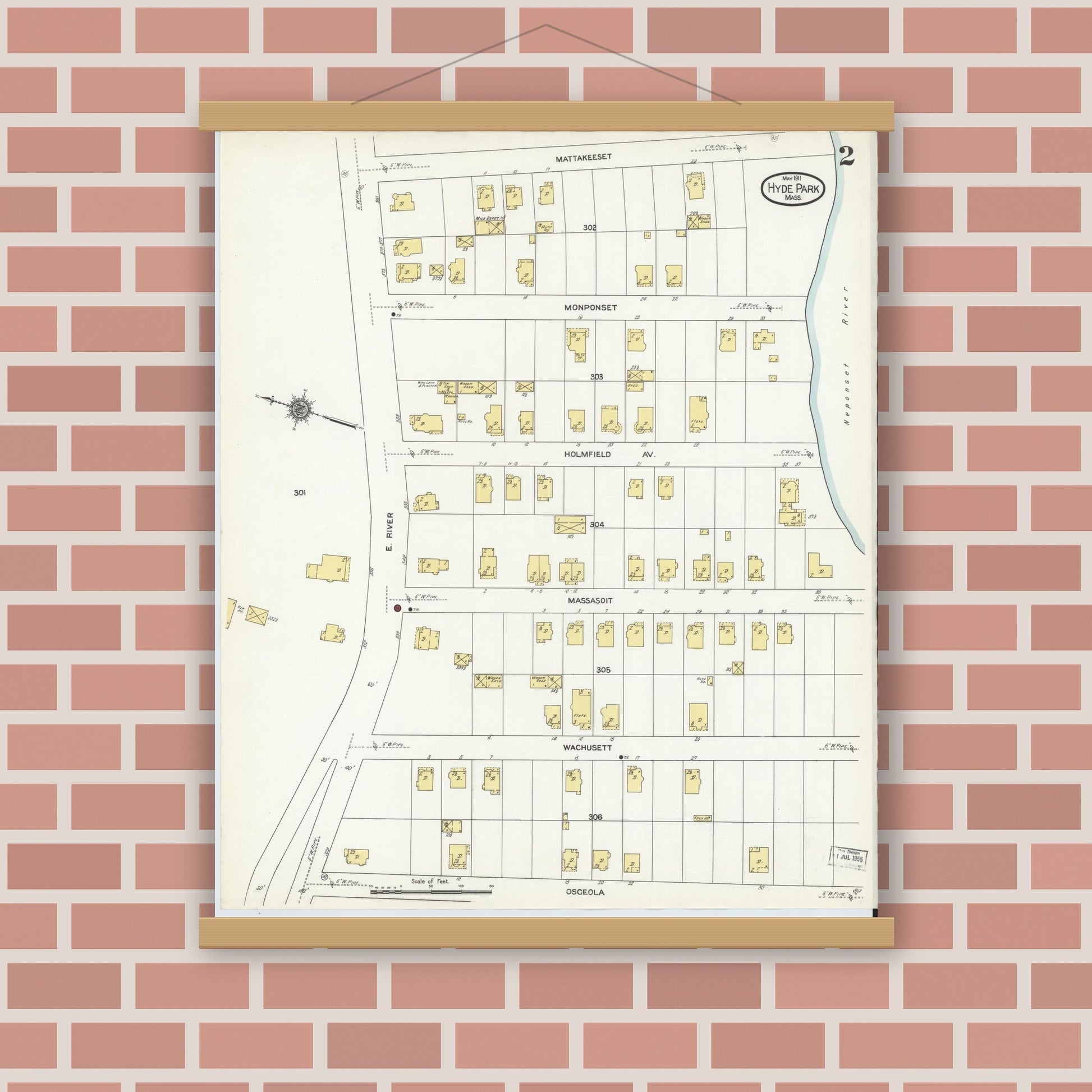 Old map wall art mockup — magnetic wood frame on brick wall — Sanborn Fire Insurance Map from Hyde Park, Norfolk County, Massachusetts (1911), Sheet #0002