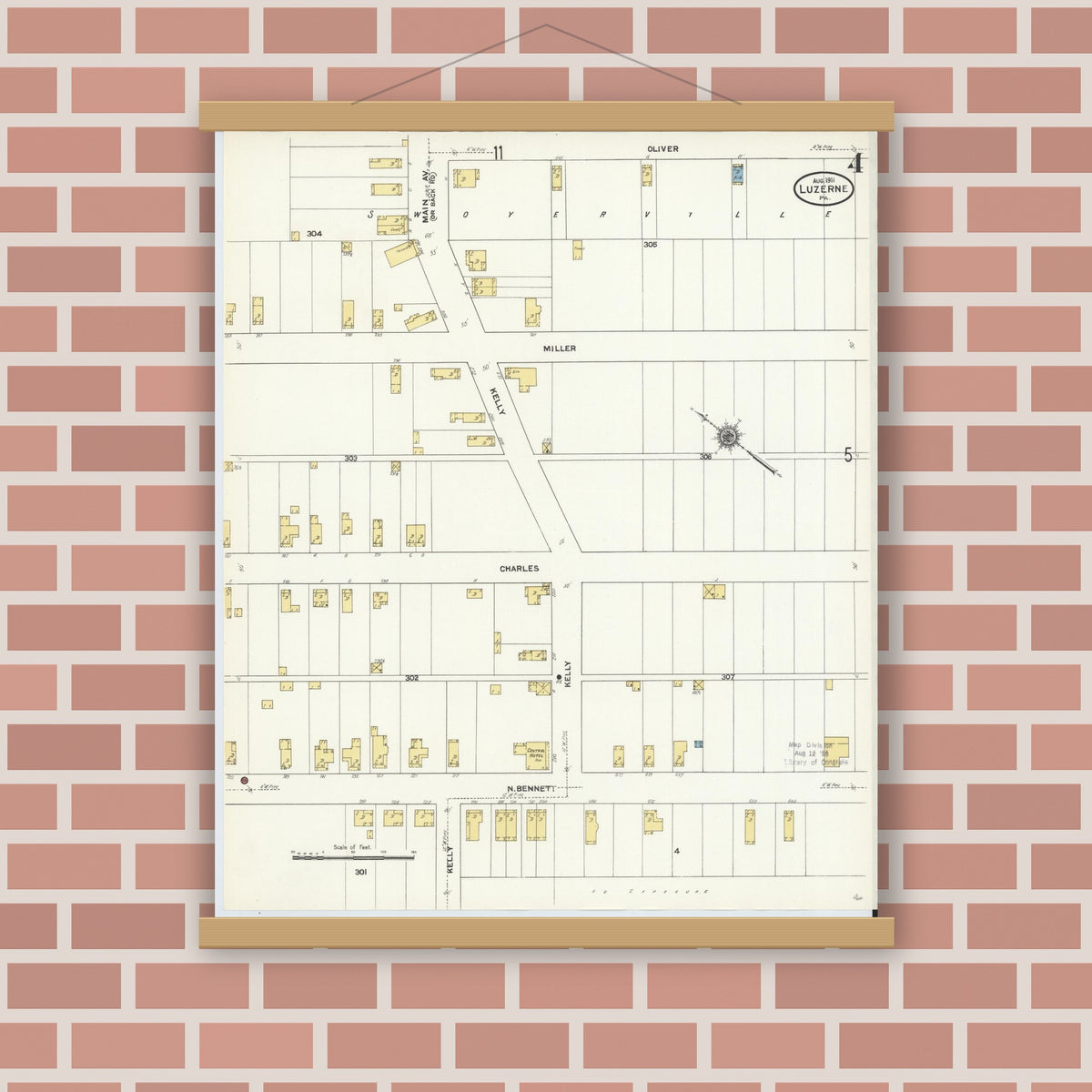 Old map wall art mockup — magnetic wood frame on brick wall — Sanborn Fire Insurance Map from Luzerne, Luzerne County, Pennsylvania (1911), Sheet #0004