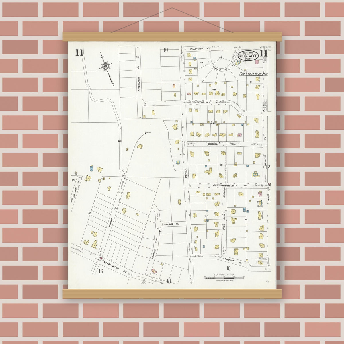 Old map wall art mockup — magnetic wood frame on brick wall — Sanborn Fire Insurance Map from Ridgewood, Bergen County, New Jersey (1924), Sheet #0011