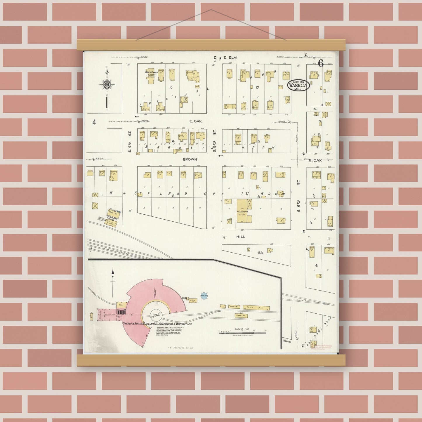 Old map wall art mockup — magnetic wood frame on brick wall — Sanborn Fire Insurance Map from Waseca, Waseca County, Minnesota (1919), Sheet #0006