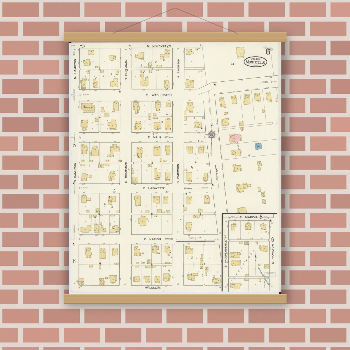 Old map wall art mockup — magnetic wood frame on brick wall — Sanborn Fire Insurance Map from Monticello, Piatt County, Illinois (1915), Sheet #0006