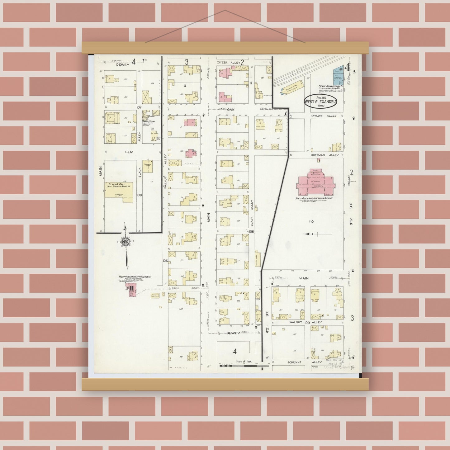 Old map wall art mockup — magnetic wood frame on brick wall — Sanborn Fire Insurance Map from West Alexandria, Preble County, Ohio (1912), Sheet #0004