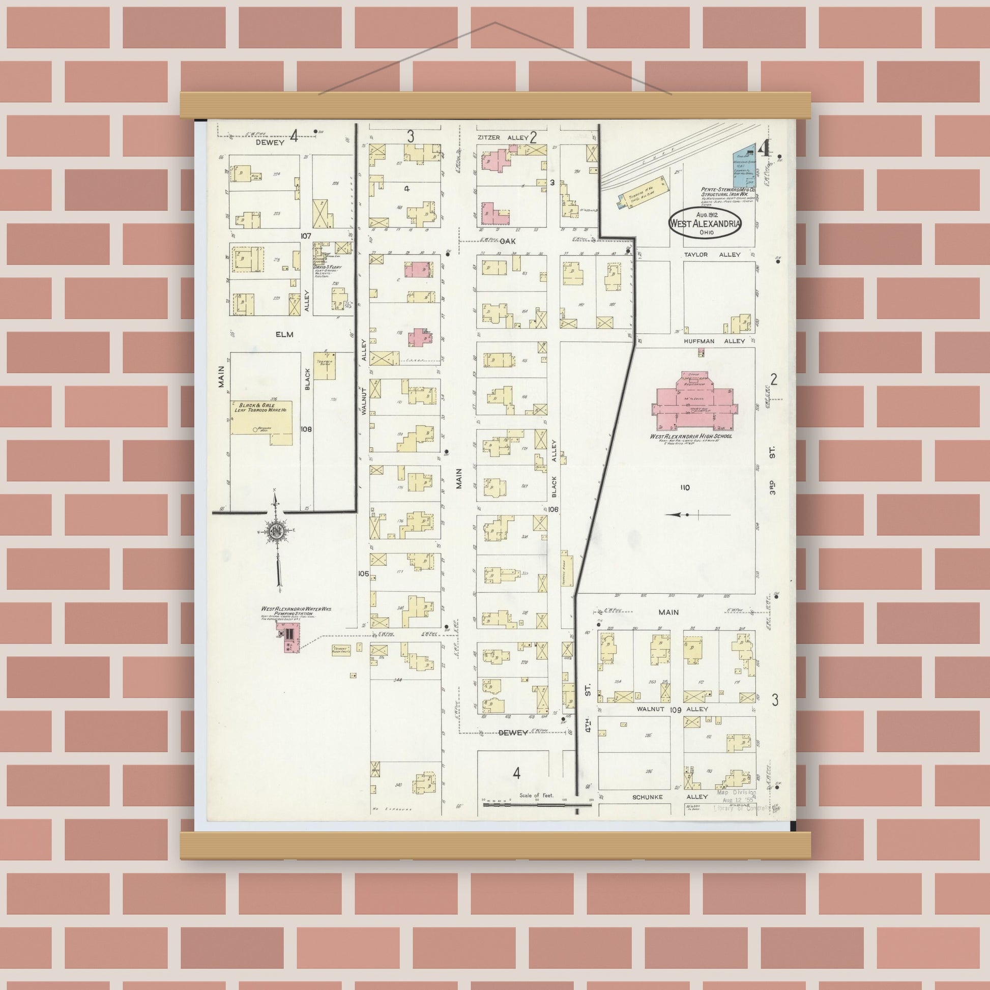 Old map wall art mockup — magnetic wood frame on brick wall — Sanborn Fire Insurance Map from West Alexandria, Preble County, Ohio (1912), Sheet #0004