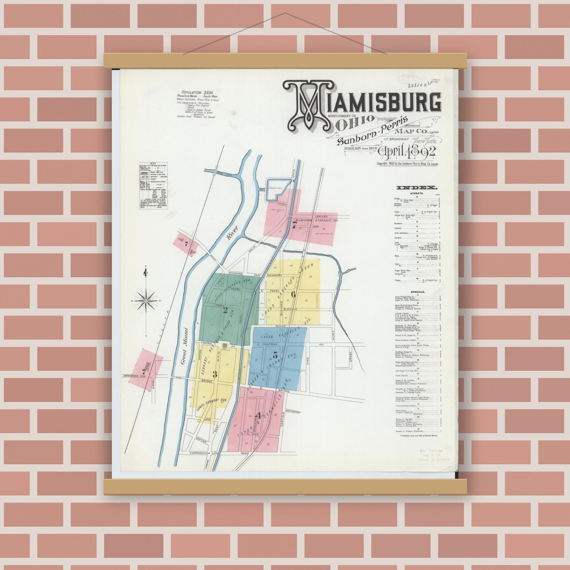 Old map wall art mockup — magnetic wood frame on brick wall — Sanborn Fire Insurance Map from Miamisburg, Montgomery County, Ohio (1892), Sheet #0001