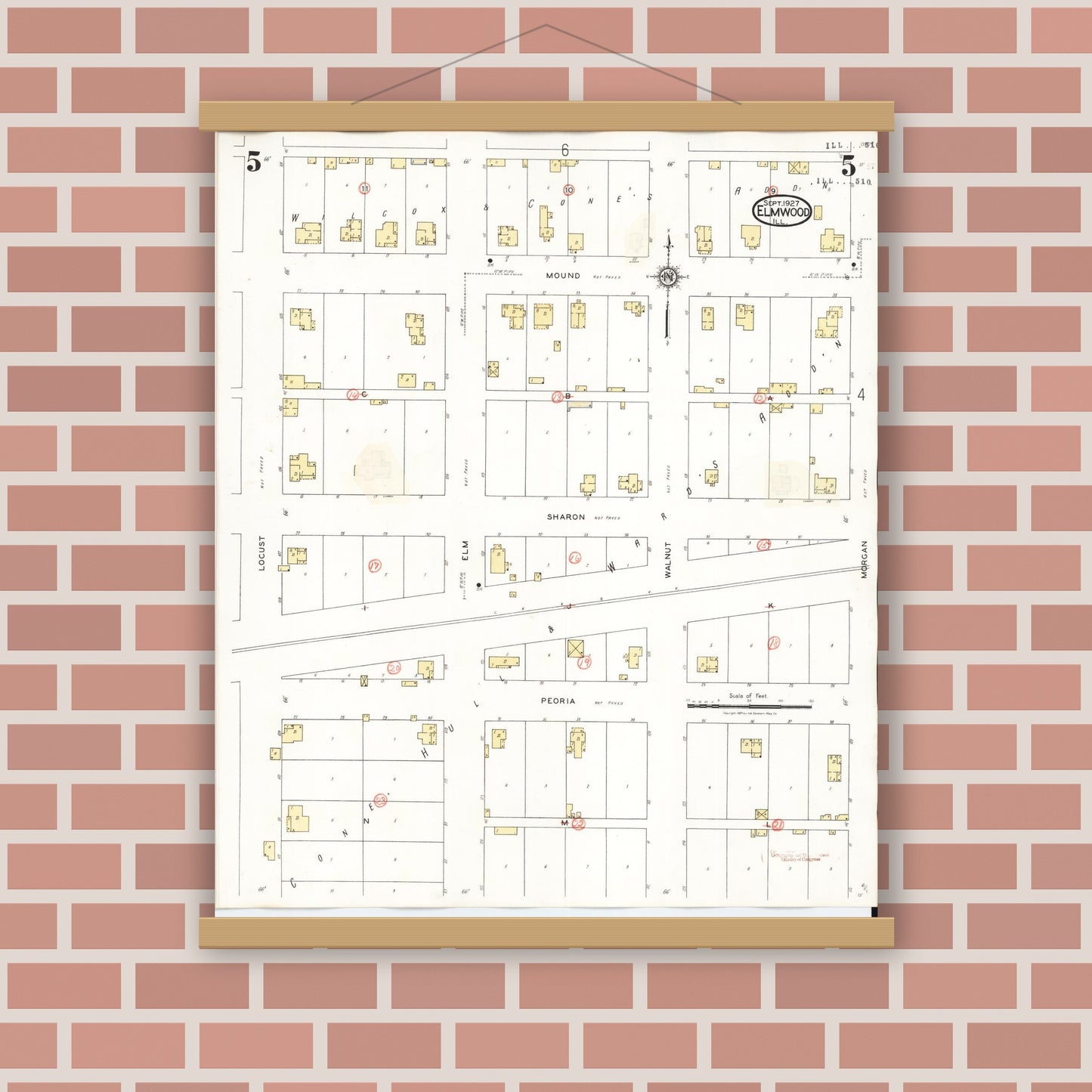 Old map wall art mockup — magnetic wood frame on brick wall — Sanborn Fire Insurance Map from Elmwood, Peoria County, Illinois (1944), Sheet #0005