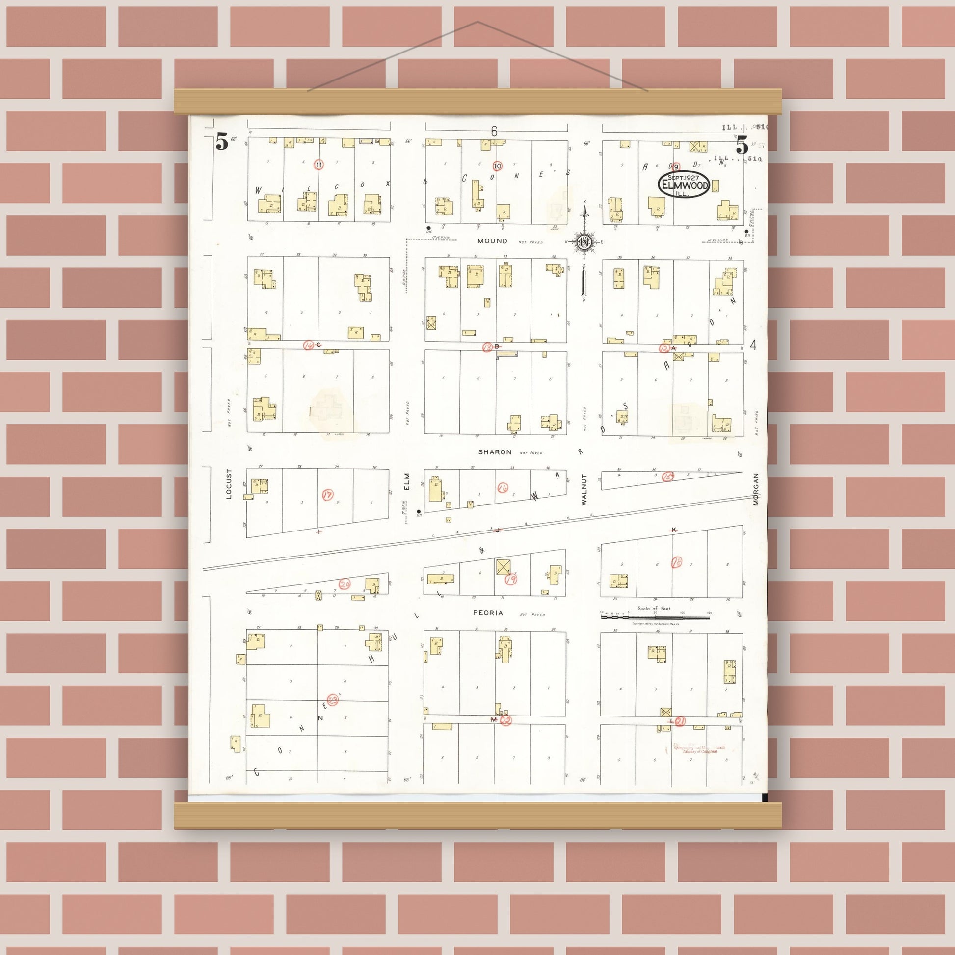 Old map wall art mockup — magnetic wood frame on brick wall — Sanborn Fire Insurance Map from Elmwood, Peoria County, Illinois (1944), Sheet #0005