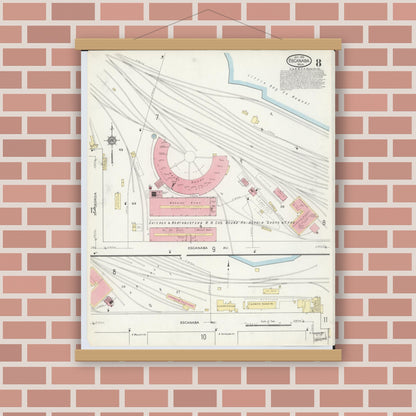 Old map wall art mockup — magnetic wood frame on brick wall — Sanborn Fire Insurance Map from Escanaba, Delta County, Michigan (1913), Sheet #0008