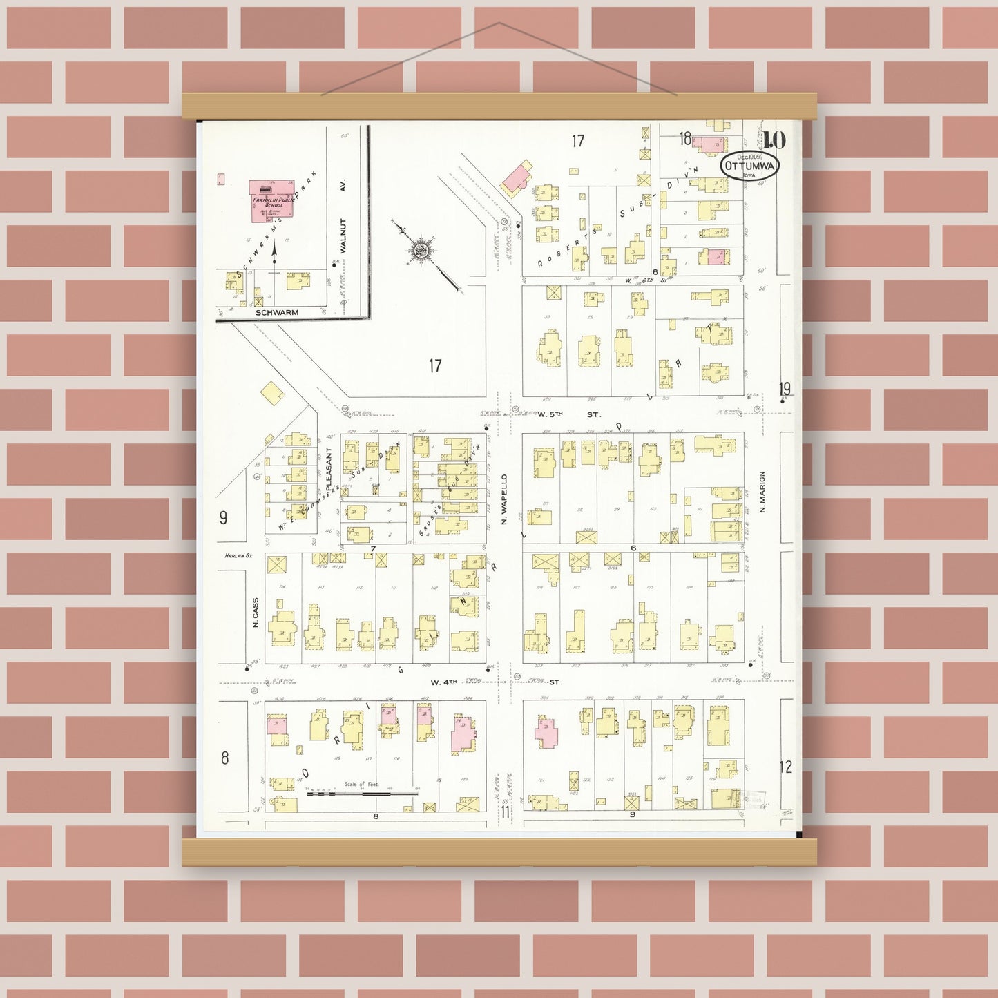 Old map wall art mockup — magnetic wood frame on brick wall — Sanborn Fire Insurance Map from Ottumwa, Wapello County, Iowa (1909), Sheet #0010