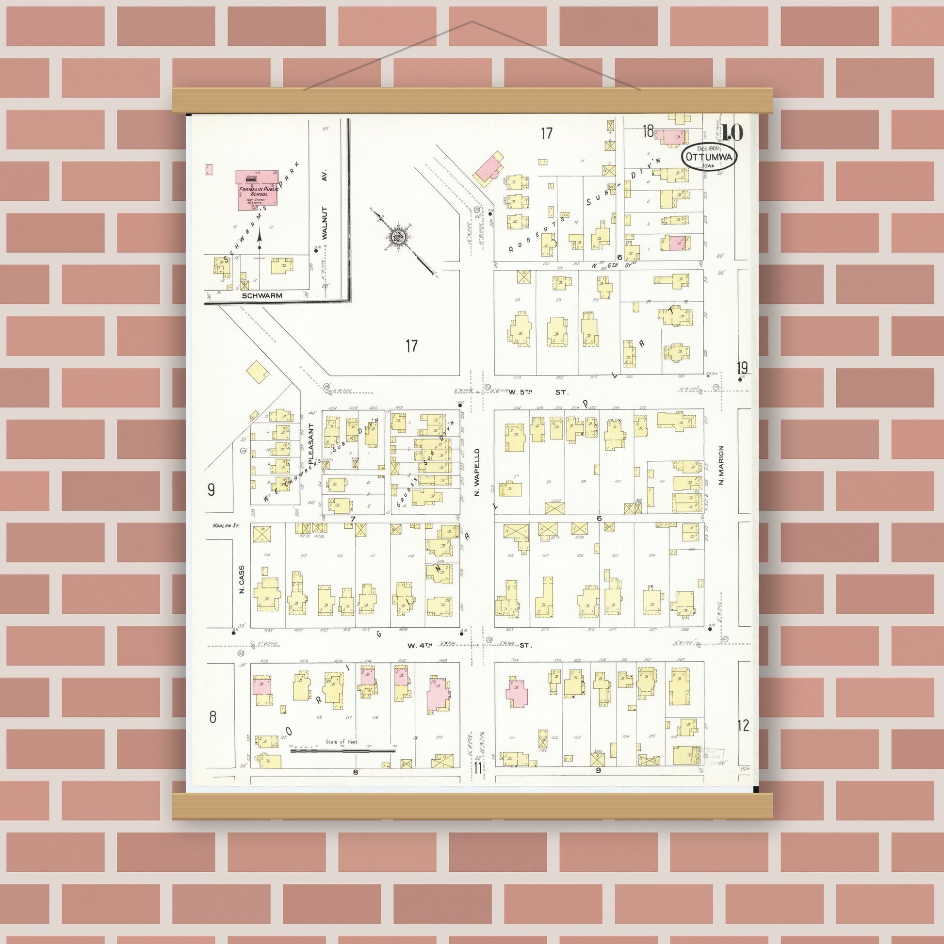 Old map wall art mockup — magnetic wood frame on brick wall — Sanborn Fire Insurance Map from Ottumwa, Wapello County, Iowa (1909), Sheet #0010
