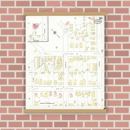 Old map wall art mockup — magnetic wood frame on brick wall — Sanborn Fire Insurance Map from Ottumwa, Wapello County, Iowa (1909), Sheet #0010