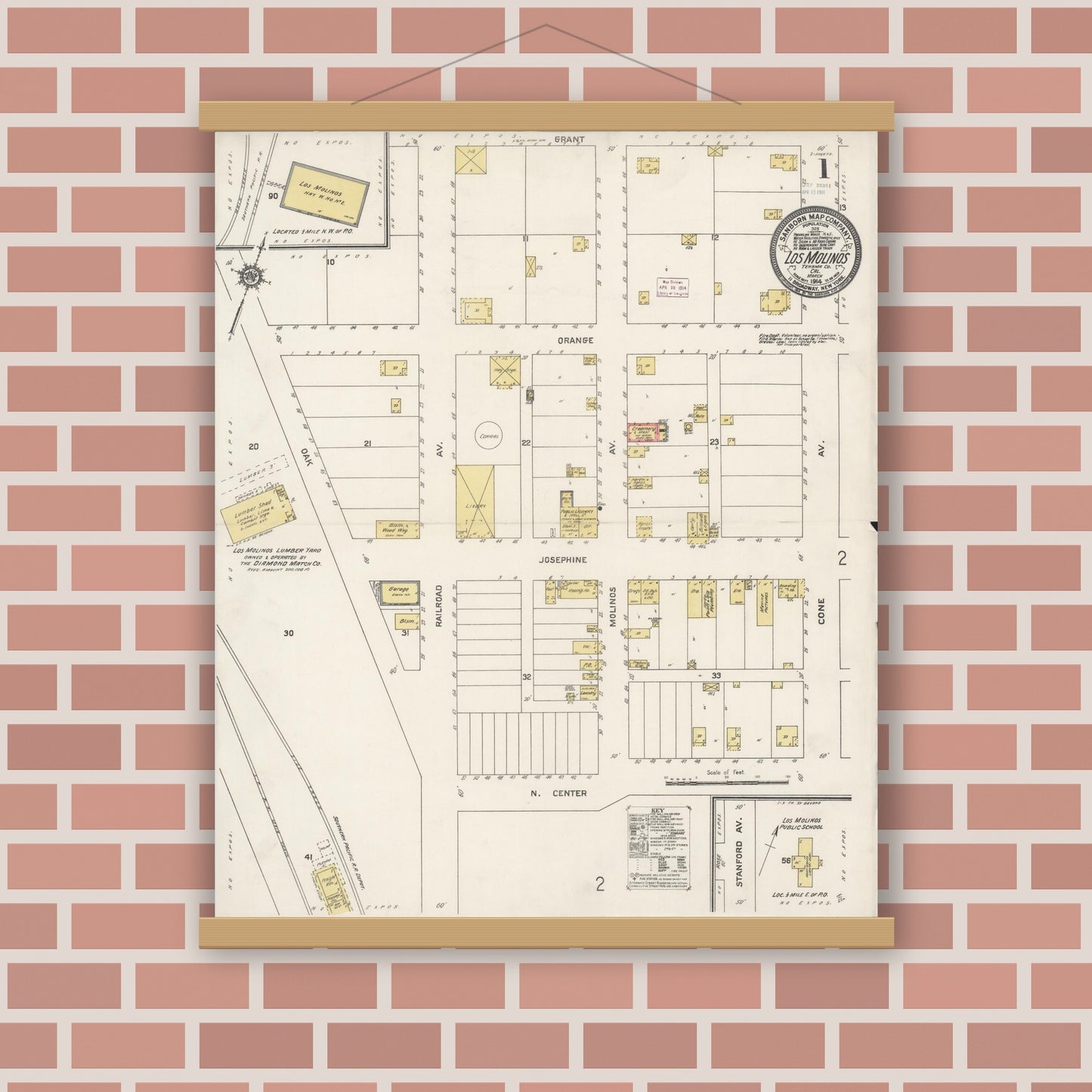 Old map wall art mockup — magnetic wood frame on brick wall — Sanborn Fire Insurance Map from Los Molinos, Tehama County, California (1914), Sheet #0001