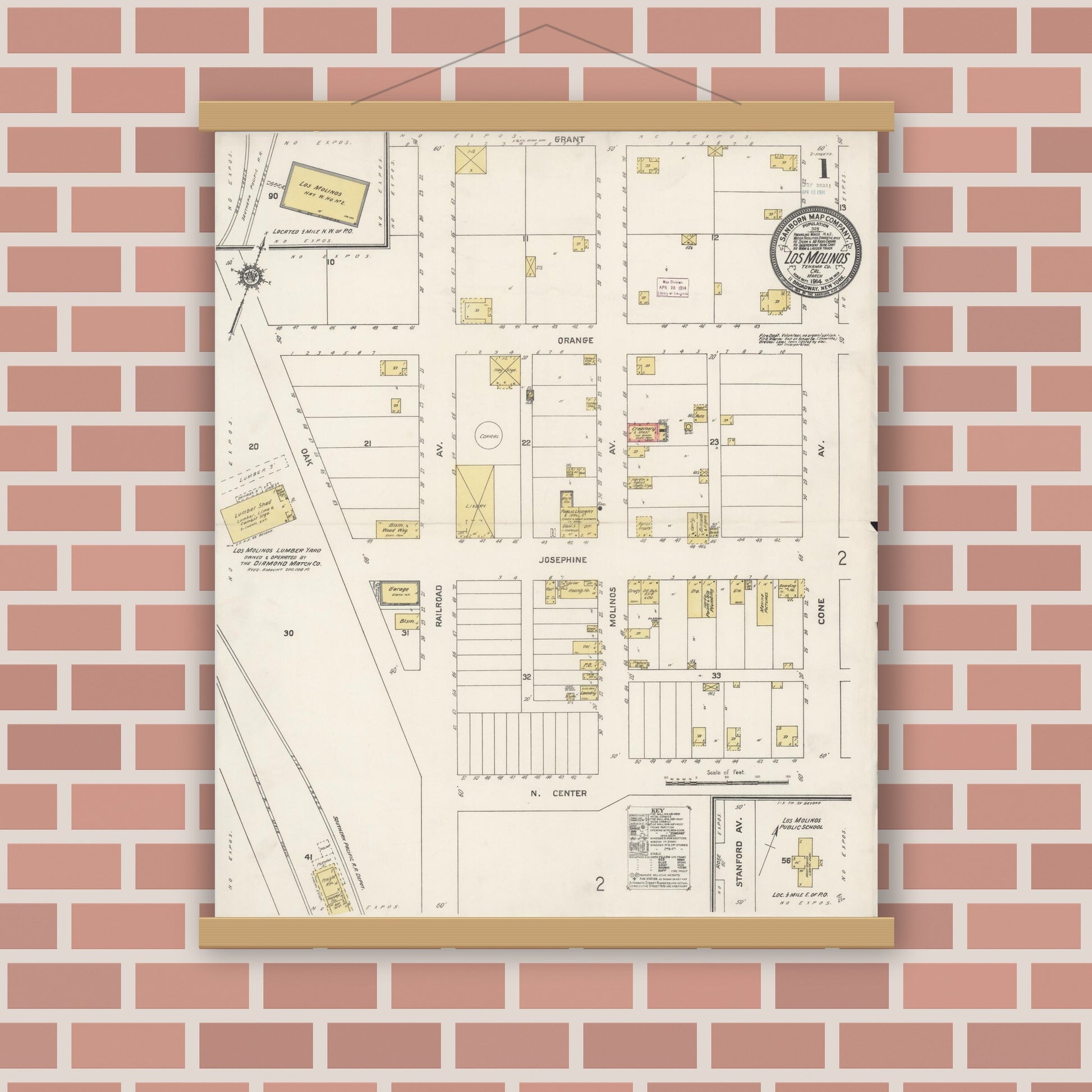 Old map wall art mockup — magnetic wood frame on brick wall — Sanborn Fire Insurance Map from Los Molinos, Tehama County, California (1914), Sheet #0001