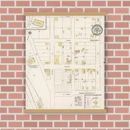 Old map wall art mockup — magnetic wood frame on brick wall — Sanborn Fire Insurance Map from Los Molinos, Tehama County, California (1914), Sheet #0001
