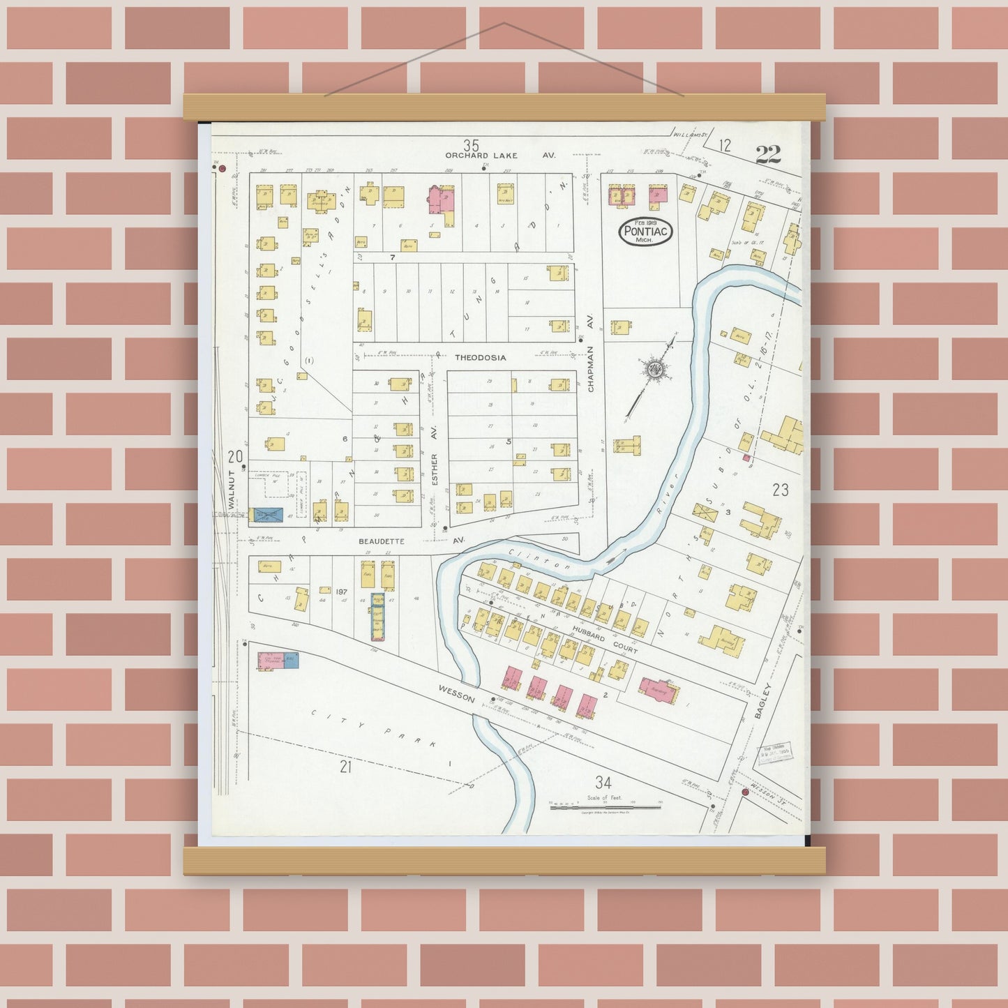 Old map wall art mockup — magnetic wood frame on brick wall — Sanborn Fire Insurance Map from Pontiac, Oakland County, Michigan (1919), Sheet #0022