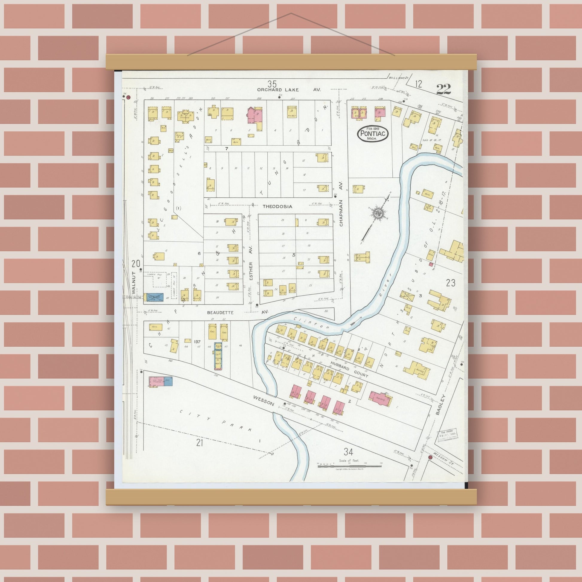 Old map wall art mockup — magnetic wood frame on brick wall — Sanborn Fire Insurance Map from Pontiac, Oakland County, Michigan (1919), Sheet #0022