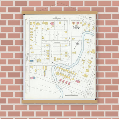 Old map wall art mockup — magnetic wood frame on brick wall — Sanborn Fire Insurance Map from Pontiac, Oakland County, Michigan (1919), Sheet #0022