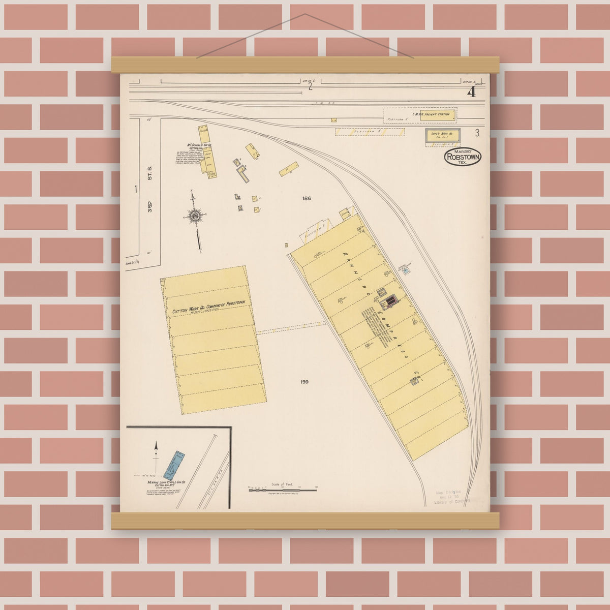 Old map wall art mockup — magnetic wood frame on brick wall — Sanborn Fire Insurance Map from Robstown, Nueces County, Texas (1922), Sheet #0004