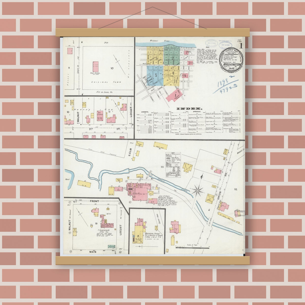 Old map wall art mockup — magnetic wood frame on brick wall — Sanborn Fire Insurance Map from Washington, Franklin County, Missouri (1898), Sheet #0001