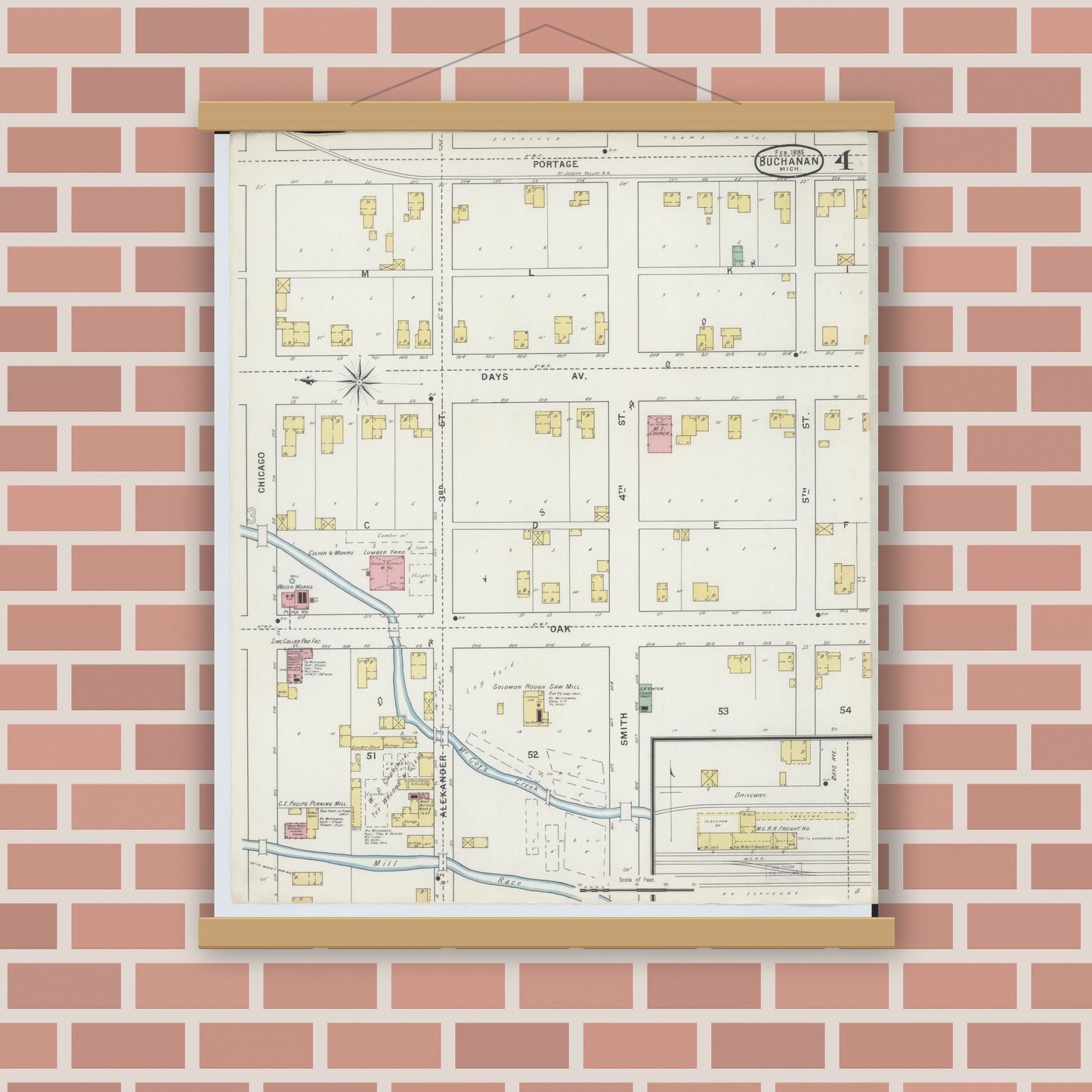 Old map wall art mockup — magnetic wood frame on brick wall — Sanborn Fire Insurance Map from Buchanan, Berrien County, Michigan (1895), Sheet #0004