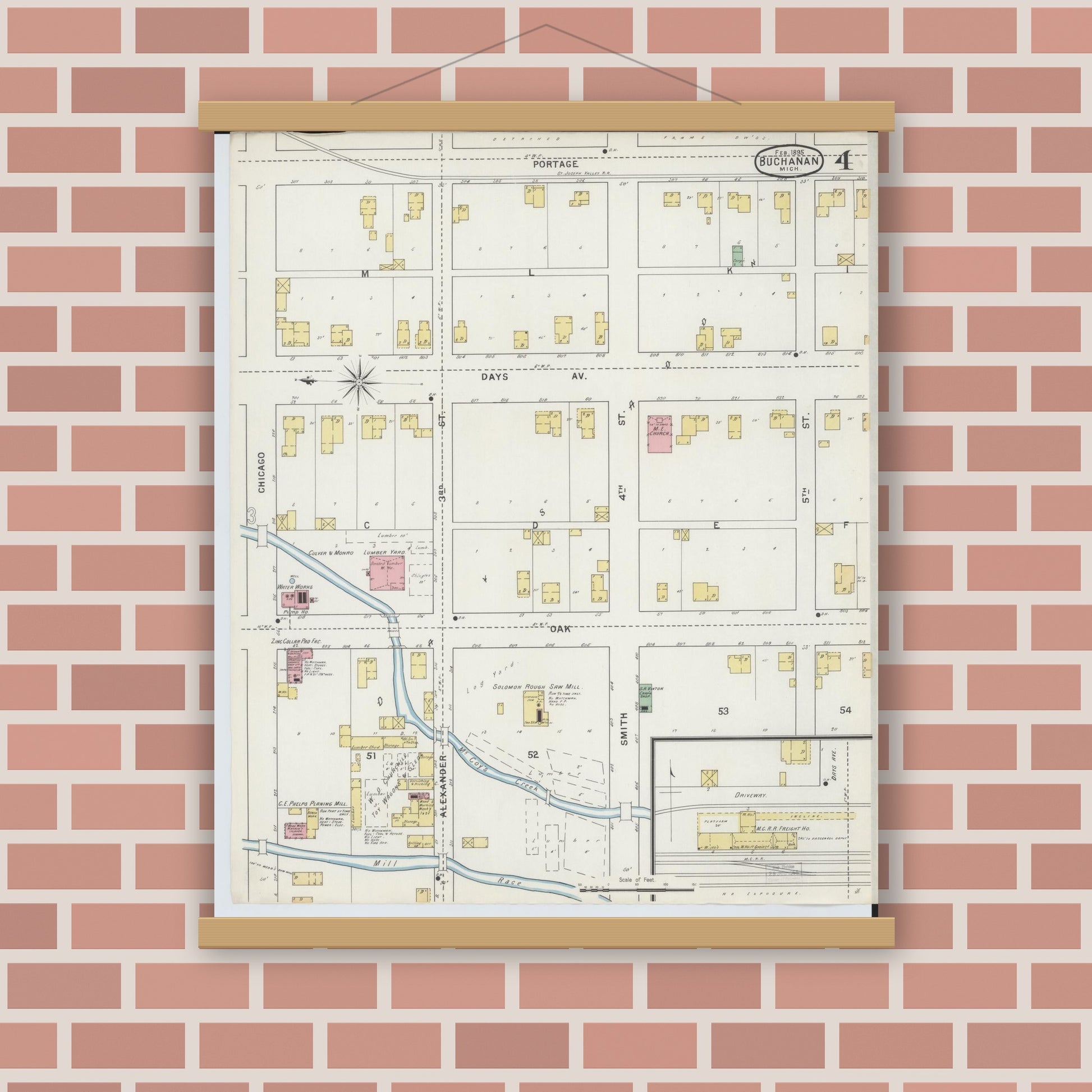 Old map wall art mockup — magnetic wood frame on brick wall — Sanborn Fire Insurance Map from Buchanan, Berrien County, Michigan (1895), Sheet #0004
