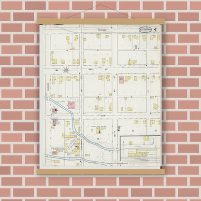 Old map wall art mockup — magnetic wood frame on brick wall — Sanborn Fire Insurance Map from Buchanan, Berrien County, Michigan (1895), Sheet #0004