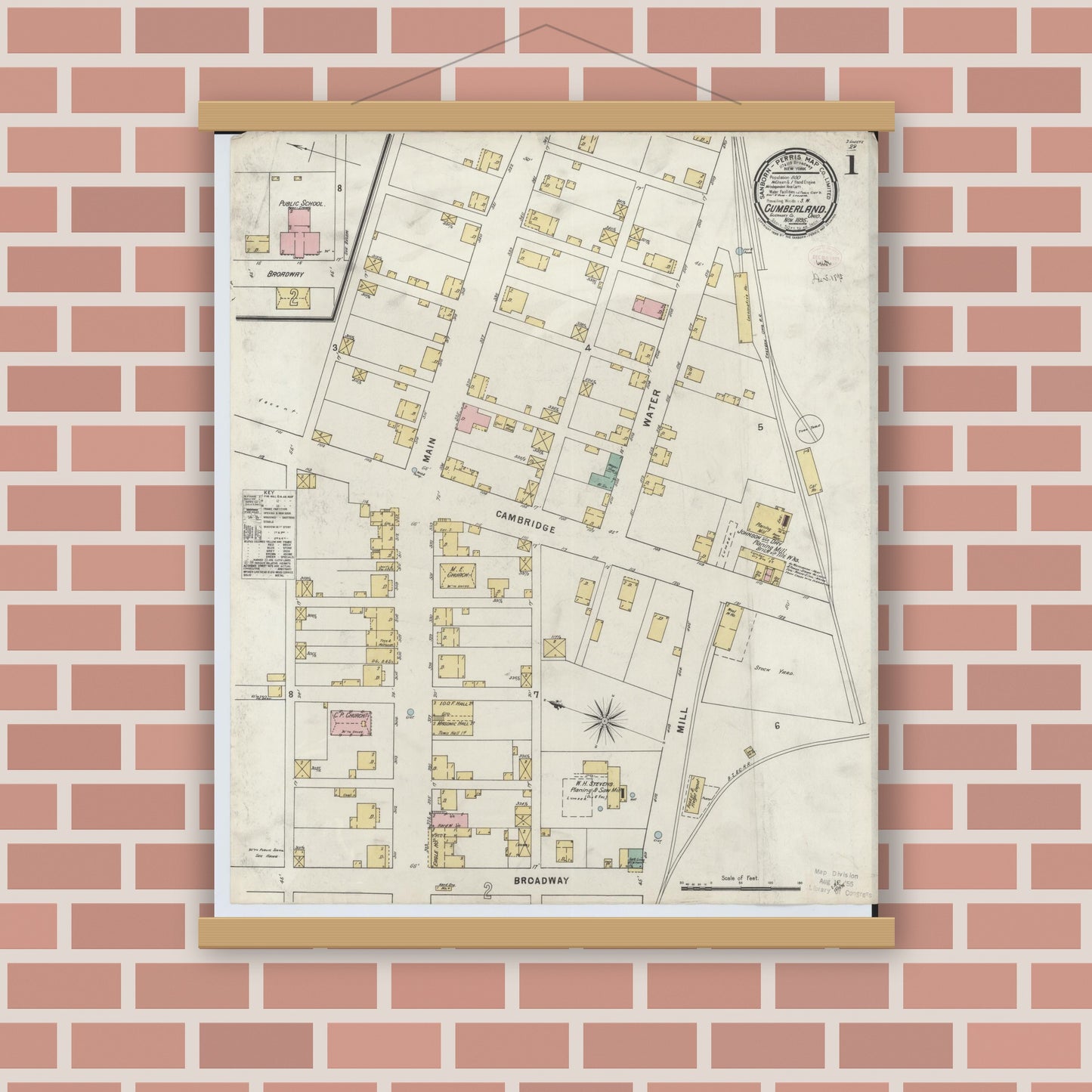 Old map wall art mockup — magnetic wood frame on brick wall — Sanborn Fire Insurance Map from Cumberland, Guernsey County, Ohio (1895) - Complete Map Set
