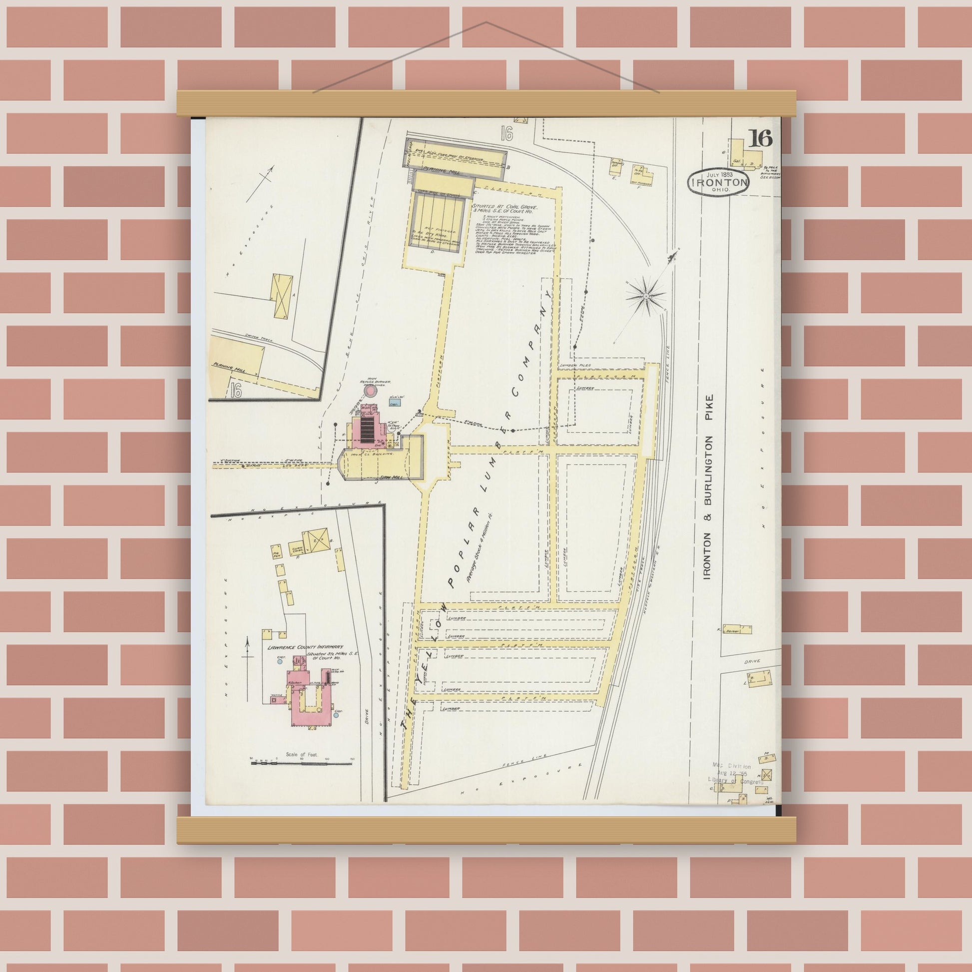 Old map wall art mockup — magnetic wood frame on brick wall — Sanborn Fire Insurance Map from Ironton, Lawrence County, Ohio (1893), Sheet #0016