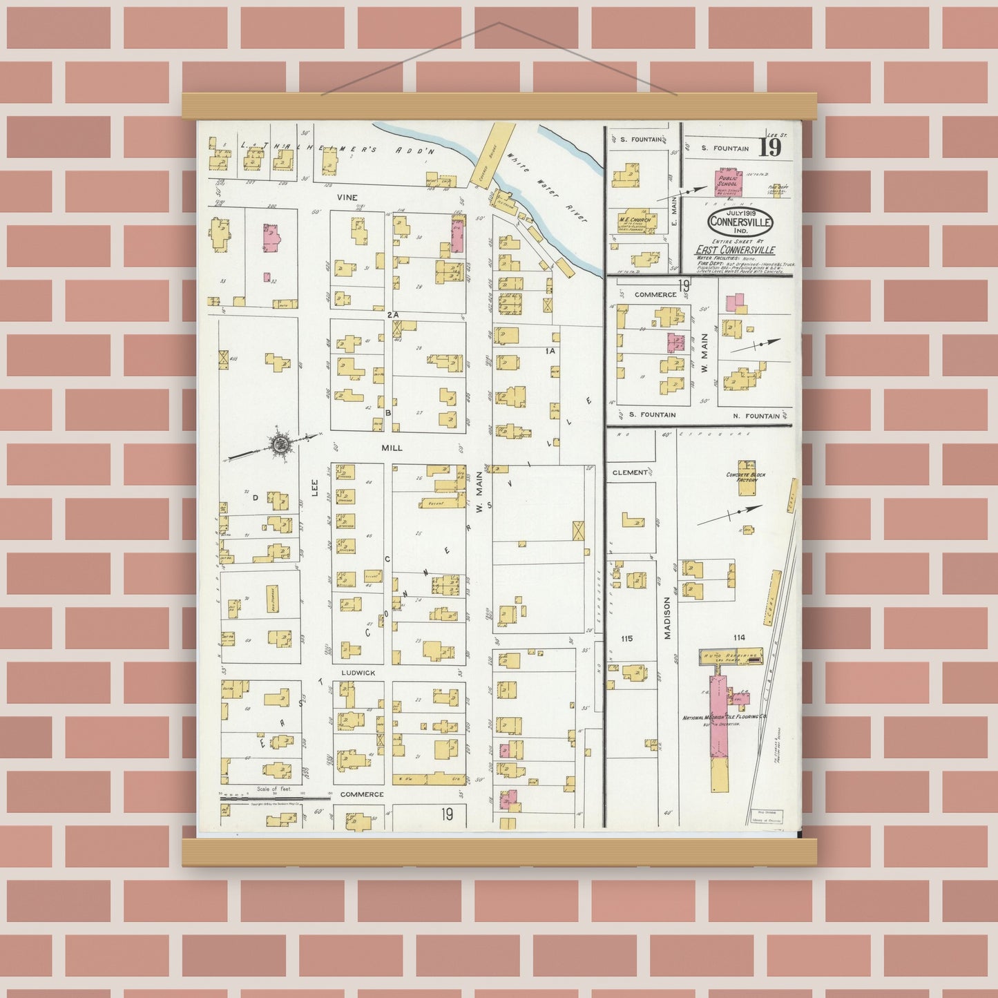Old map wall art mockup — magnetic wood frame on brick wall — Sanborn Fire Insurance Map from Connersville, Fayette County, Indiana (1919), Sheet #0019