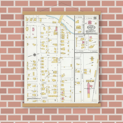 Old map wall art mockup — magnetic wood frame on brick wall — Sanborn Fire Insurance Map from Connersville, Fayette County, Indiana (1919), Sheet #0019