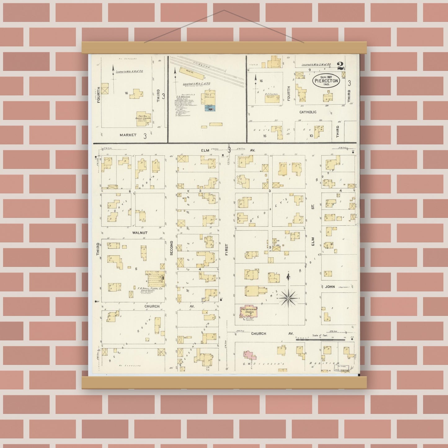 Old map wall art mockup — magnetic wood frame on brick wall — Sanborn Fire Insurance Map from Pierceton, Kosciusko County, Indiana (1907), Sheet #0002