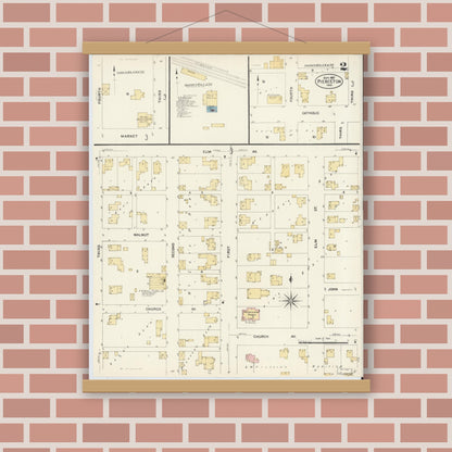 Old map wall art mockup — magnetic wood frame on brick wall — Sanborn Fire Insurance Map from Pierceton, Kosciusko County, Indiana (1907), Sheet #0002