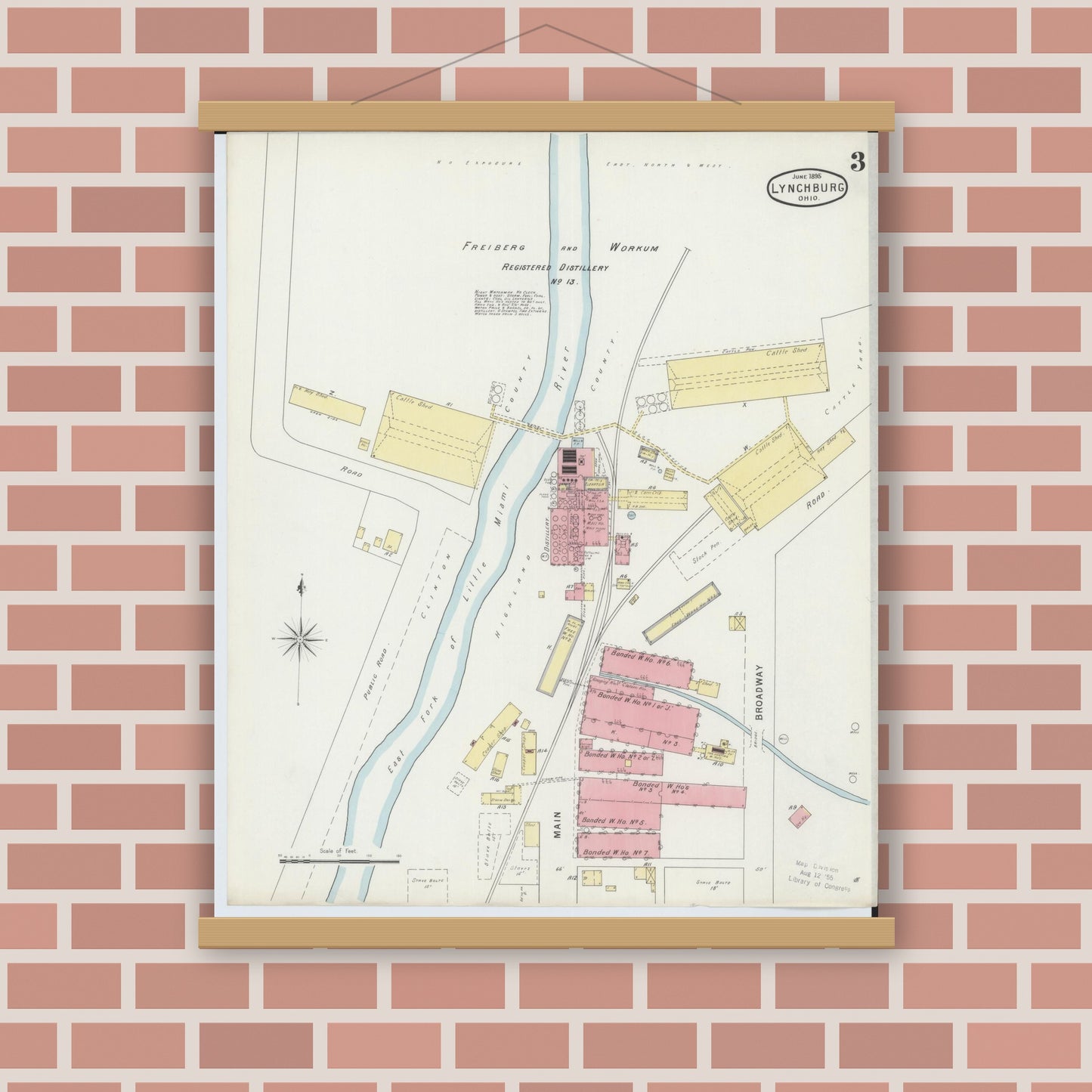 Old map wall art mockup — magnetic wood frame on brick wall — Sanborn Fire Insurance Map from Lynchburg, Highland County, Ohio (1895), Sheet #0003