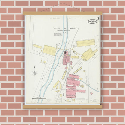 Old map wall art mockup — magnetic wood frame on brick wall — Sanborn Fire Insurance Map from Lynchburg, Highland County, Ohio (1895), Sheet #0003
