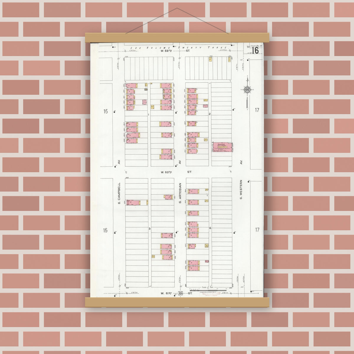 Old map wall art mockup — magnetic wood frame on brick wall — Sanborn Fire Insurance Map from Chicago, Cook County, Illinois (1920), Sheet #0016