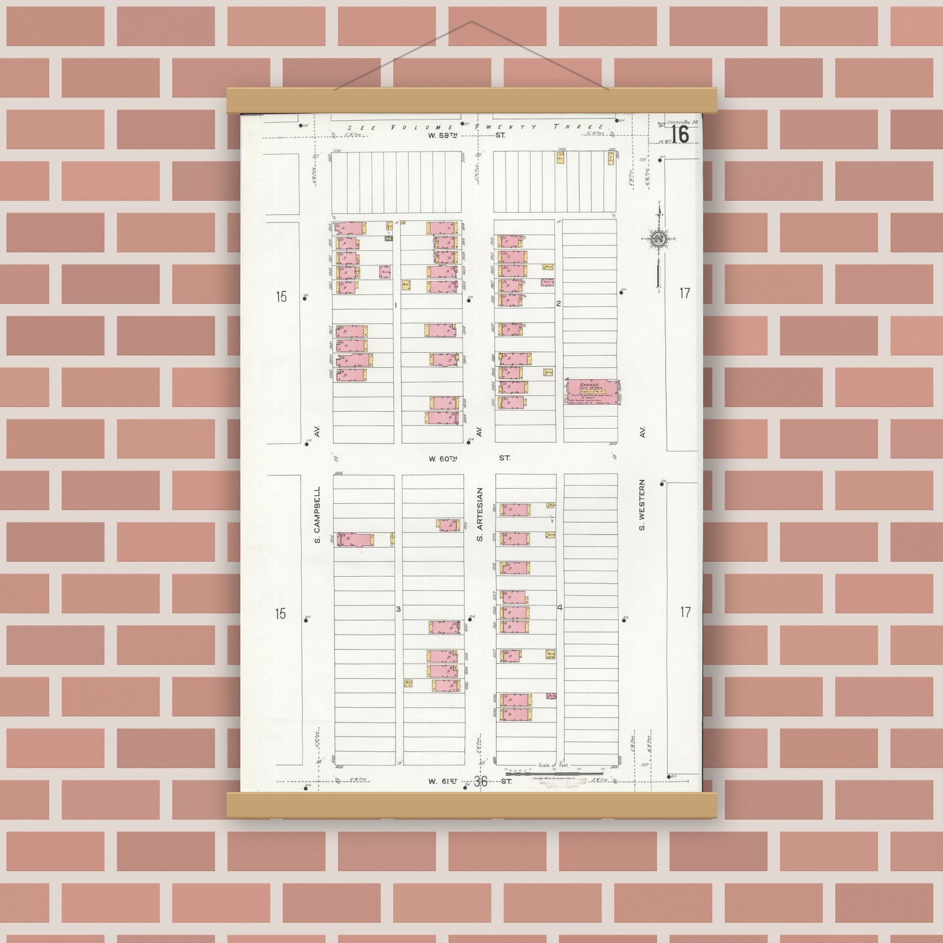 Old map wall art mockup — magnetic wood frame on brick wall — Sanborn Fire Insurance Map from Chicago, Cook County, Illinois (1920), Sheet #0016