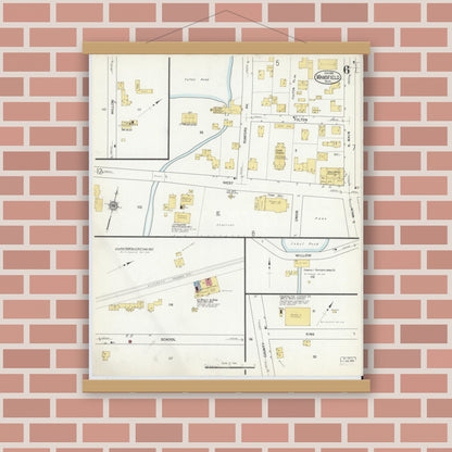 Old map wall art mockup — magnetic wood frame on brick wall — Sanborn Fire Insurance Map from Mansfield, Bristol County, Massachusetts (1916), Sheet #0006