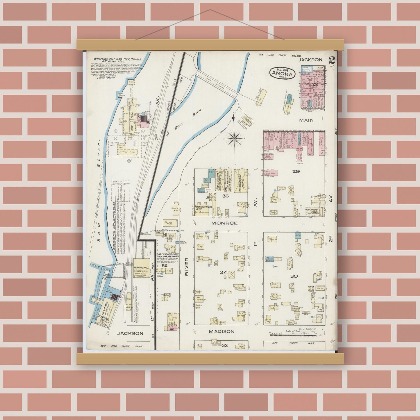 Old map wall art mockup — magnetic wood frame on brick wall — Sanborn Fire Insurance Map from Anoka, Anoka County, Minnesota (1885), Sheet #0002