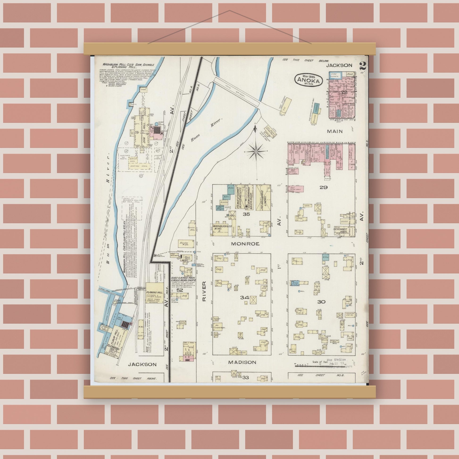 Old map wall art mockup — magnetic wood frame on brick wall — Sanborn Fire Insurance Map from Anoka, Anoka County, Minnesota (1885), Sheet #0002