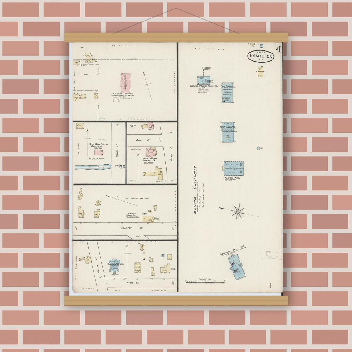 Old map wall art mockup — magnetic wood frame on brick wall — Sanborn Fire Insurance Map from Hamilton, Madison County, New York (1887), Sheet #0004