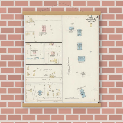 Old map wall art mockup — magnetic wood frame on brick wall — Sanborn Fire Insurance Map from Hamilton, Madison County, New York (1887), Sheet #0004