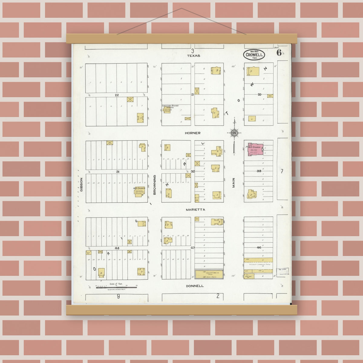 Old map wall art mockup — magnetic wood frame on brick wall — Sanborn Fire Insurance Map from Crowell, Foard County, Texas (1921), Sheet #0006