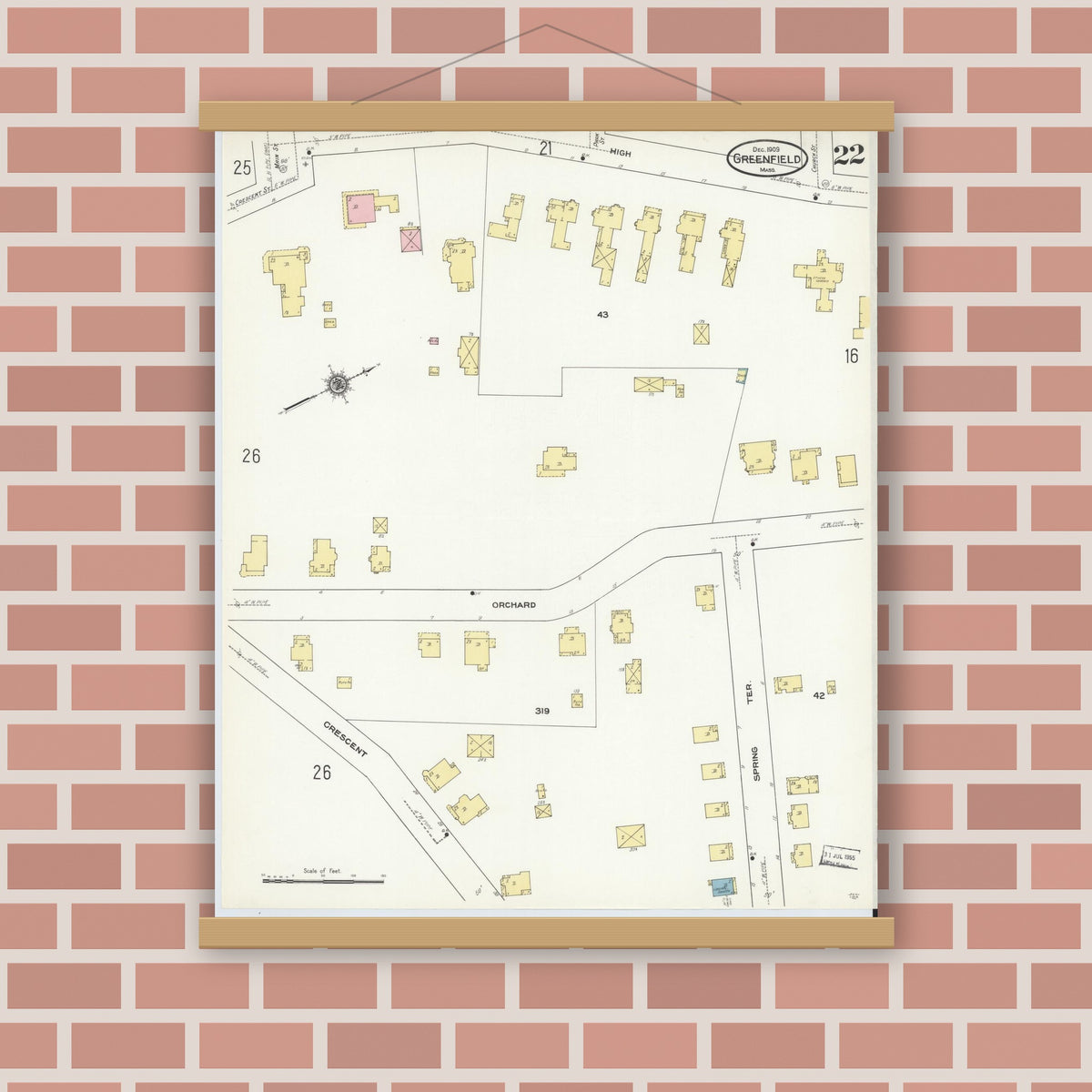 Old map wall art mockup — magnetic wood frame on brick wall — Sanborn Fire Insurance Map from Greenfield, Franklin County, Massachusetts (1909), Sheet #0022