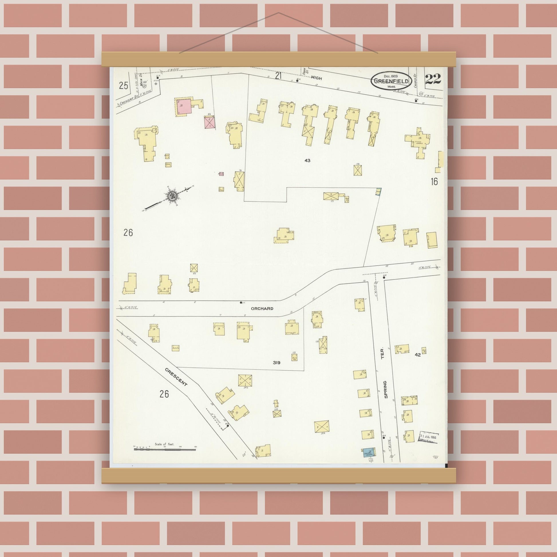 Old map wall art mockup — magnetic wood frame on brick wall — Sanborn Fire Insurance Map from Greenfield, Franklin County, Massachusetts (1909), Sheet #0022