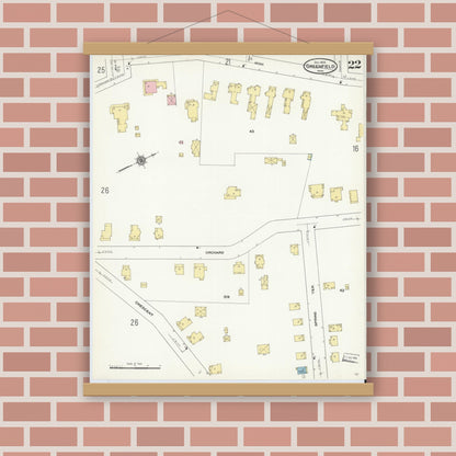 Old map wall art mockup — magnetic wood frame on brick wall — Sanborn Fire Insurance Map from Greenfield, Franklin County, Massachusetts (1909), Sheet #0022