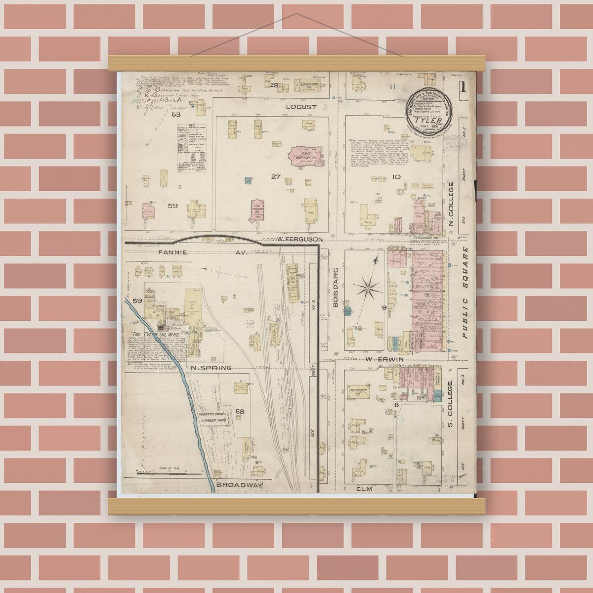 Old map wall art mockup — magnetic wood frame on brick wall — Sanborn Fire Insurance Map from Tyler, Smith County, Texas (1885), Sheet #0001